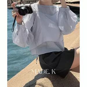 케이크 뷔스티에 블라우스 세트 봄 여성 데일리룩 시스루 라운드넥