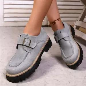 캐주얼 가을 여성 플랫 슈즈 빅사이즈 메탈 스트랩 라운드 단화 통굽 스웨이드 로퍼 ST3