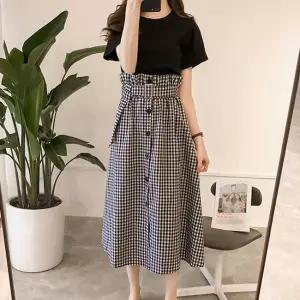 [_의류]블랙 반팔 하이웨스트 벨트 체크 스커트 상하의 세트