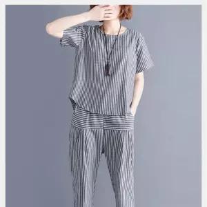 S98590 줄무늬 시원 면 마 바지투피스 원피스