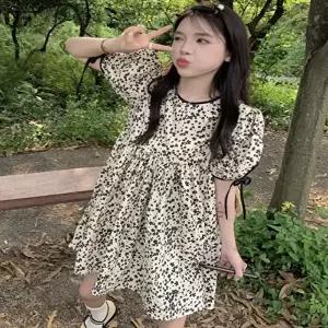 플라워 패턴 셔링 소매리본 포인트 귀여운 미니원피스 (HSJ-WF1AEB3)