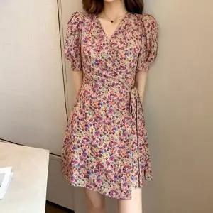 20대 30대 여름 꽃 무늬 브이넥 A라인 짧은 원피스 (HSJ-WFGLNK0)