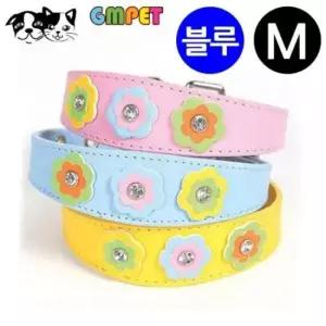 [반려] 가죽목줄 강아지 목 블루 플라워 샤이니 지엠펫 M