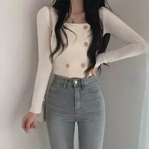 데일리 여성 크롭 긴팔 루즈핏 단추 니트 LK-G021