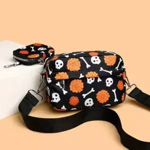 토르 남성용 투피스 장지갑 크로스바디 스컬 프린트 와이드 숄더 크로스백 스몰 핸드폰 동전지갑 원형 동전