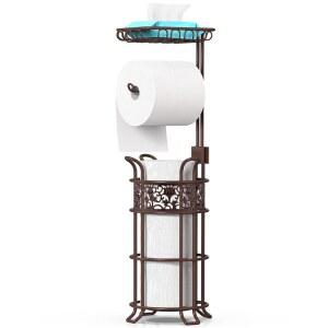 업그레이드된 욕실용 화장지 홀더 스탠드, 점보 메가 종이 3개 큰 롤, 물티슈 티슈용 상단 선반, 튼튼한 독립형 롤 디스펜서, 플로럴 패턴, 브론즈 레드