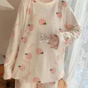 (다올)주니어 학생 피치 곰돌이 수면 잠옷 세트 극세사 홈웨어