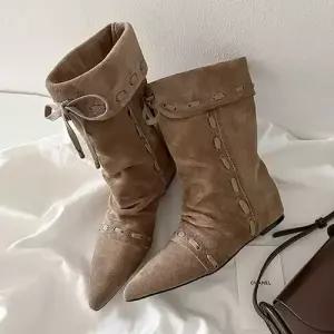 스파이더맨 여성 데님 빈티지 스트랩 스틸레토 플랫 부츠 양가죽 마이야르 웨스턴 OPH5