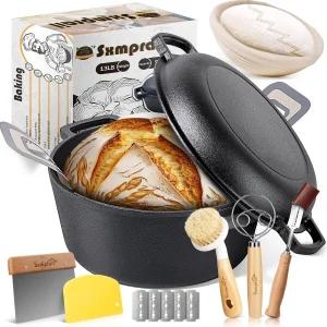 사워도우 빵 베이킹을 위한 주철 더치 오븐 뚜껑이 있는 사전 양념 5QT 냄비 프로핑 바스켓 실리콘 슬링