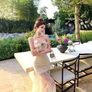 원피스 망사 여름 여성용 머메이드 입체 레이스 나시 꽃 롱스커트 CH2