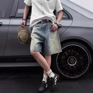 바지 데님 남성용 하계 빈티지 트렌드 청반바지 중 워싱 반바지 디스트로이드 스트레이트 5부 OP2