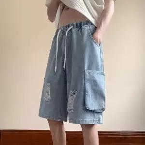 바지 데님 남성용 하계 포켓 와이드 멀티 디스트로이드 트렌드 반바지 일자 청반바지 5부 OP2