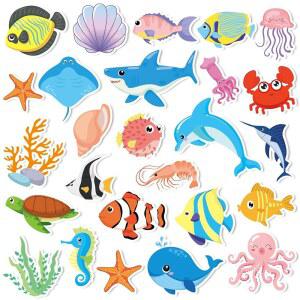 마포에버 50 PCS 바다 동물 창문 클리닝, 두꺼운 젤 클리닝 스티커 탈착식 재사용 가능 젤리 교실 용 비행기 자동차 장식용 수중 물고기 상어 거북이 데칼