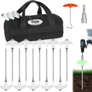 NVAAV 10개 8인치 대형 드릴 텐트 스테이킹 보관 가방 포함 야광 접지 앵커 페그 헥스 너트 드라이버 1개