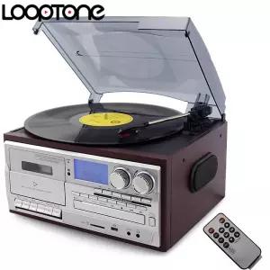 LoopTone 3단 속도 블루투스 호환 턴테이블 비닐 LP 레코드 플레이어 빈티지 축음기 포노 CD카세트 FM/AM