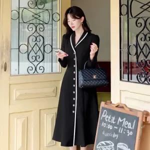 ~XXL까지 앤드로 배색 숄카라 셔링 소매 플레어 원피스 봄,가을 하객룩 오피스룩 격식룩 롱원피스1206196