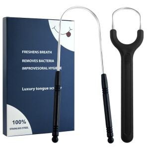 성인용 인체 공학적 금속 혀 클리너 구강 브러시 U 자형 청소가 용이한 스테인레스 스틸 스크레이퍼 세트