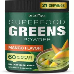 토탈 티 슈퍼 그린 파우더 보충제 과일 채소 스피룰리나 클로렐라 비타민이 함유된 음료 25인분 - 망고