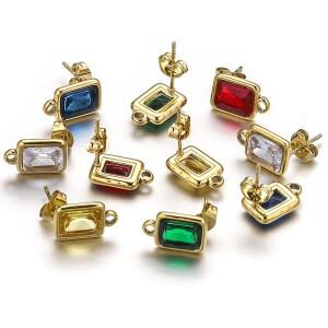 4pcs 스테인레스 스틸 스퀘어 그린 크리스탈 지르콘 귀걸이 만들기 용품 후크 커넥터 기본 포스트 구성 요