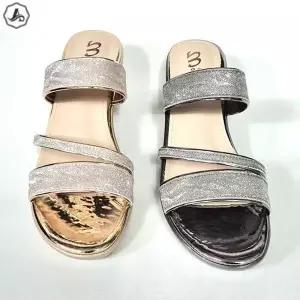 [애슬릿] 굽높은 슬리퍼 실버 골드 큐빅 밴드 발편한 웨지 5.5cm