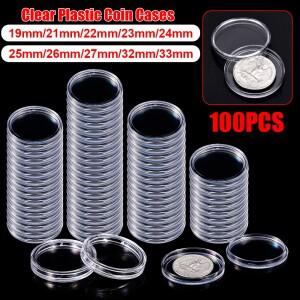 100Pcs 투명 동전 케이스 19/21/22/23/24/25/26/27/32/33MM 동전 수집 상자 케이스 동전 보관 캡슐 보호 상