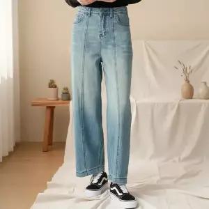 [신세계라이브쇼핑][옷자락] 여성 세미배기핏 워싱 통바지 뒷밴딩 봄용 청바지