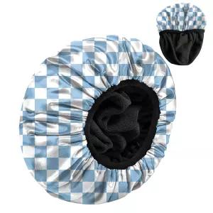Zewurtuw 럭셔리 샤워 캡 테리 천 안감 EVA 방수 재사용 가능한 3겹 탄력 헤어 목욕 여성용 귀여운 파란색
