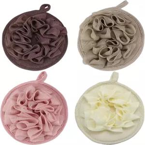 바디용 4PCS 목욕 루파 스펀지 브러시 샤워 메시 파우치 볼 플라워 있는 글러브 남녀용 각질 제거 패드