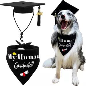 나의 인간 졸업 반다나가 포함된 2026년 반려견 모자 및 가운 세트 중형 대형견용 조절 가능 캡 의상 사진