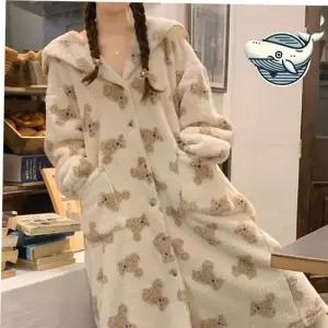 여자원피스잠옷 부드러운 곰돌이 패턴 극세사 로브 가운 홈웨어