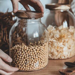 대용량 원목 유리 캐니스터 아카시아 우드 뚜껑 커피 원두 차 밀폐 보관용기