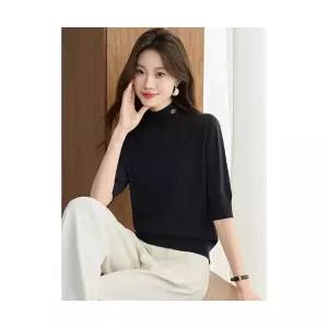 여성용 폴라티 가을 양털 스웨터 반폴라 니트 티셔츠 솔리드 자수 상의 KS3