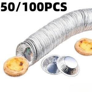 50/100개 일회용 알루미늄 호일 라운드 에그 타르트 몰드 미니 호일 타르트 팬 컵케이크 베이킹 트레이 타르틀렛 요리 바베큐 베이킹