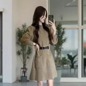 반폴라티 반폴라 티셔츠 여성 반목 기모 겨울 긴팔 이너 니트 목티 원피스 벨트포함