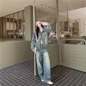 바지 청 빈티지 캐주얼 여성용 정장세트 세트 하이웨스트 아우터 톱 칼라 원픽1