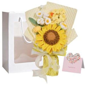 OIPULOH 옐로우 크로셰 플라워 부케 완성된 더블 레이어 핸드메이드 밀크 해바라 코튼