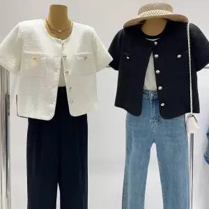 트위드 자켓 여자 린넨 크롭 코트 여성 가죽 청 재킷 여성용 싱글 브레스트 반팔 Y2K 상의 럭셔리 작은 향