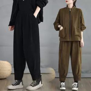 여성용 투피스 하이넥 루즈핏 도톰 정장세트 이중 지퍼 배기팬츠 안감 코듀로이 세트 ST1