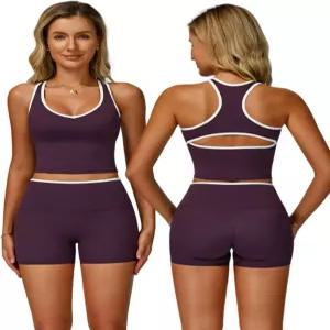 브라 하이 웨이스트 반바지에 내장된 여성용 ABOCIW 운동 세트 2피스 컬러 블록 V 넥 레이서백 탱크 탑