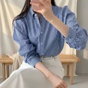 [다잇템] 여성용 가볍고 모임룩 격자 타이넥 블라우스 봄가을용