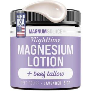 Magnum Solace 쇠고기 수지가 함유된 나이트타임 마그네슘 로션 - 근육 및 관절을 위한 진정 고농축 취침 전 다리나 발에 바르세요, 라벤더