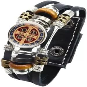 925 스털링 실버 남성용 샌 베니토 팔찌 - 야광 세인트 베네딕트 가죽 가톨릭 스냅 버튼 뱅글스 다층 손목