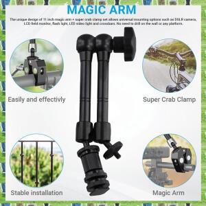 2025-매직 암 슈퍼 클램프 11인치 관절식 마찰 크랩 (1/4인치 및 3/8인치 나사산 포함) DSLR 카메라 리그용