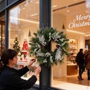 겨울 크리스마스 리스 사실적인 휴일 장식 인공 소나무 야외 창문