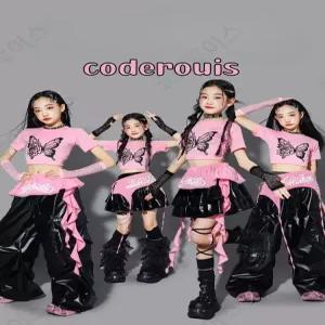 코드루이스 핑크 티셔츠 블랙 광택 초등 방송댄스복 상하세트 케이팝 학예회