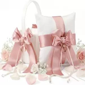 페로셰프 플라워 걸 바구니 2개와 링 베어러 베개 세트 핑크 새틴 보크노트 화이트 보리 웨딩 요정 장식
