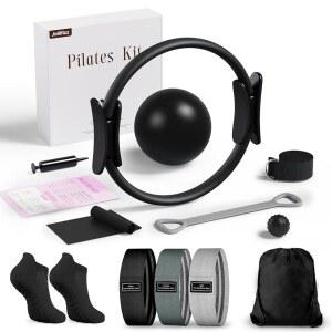여성용 홈 운동용 필라테스 키트, 장비 링 및 볼 세트, 3가지 패브릭 저항 밴드, 마사지 볼, 근력 강화용 스타터 토닝, 운동 가이드 포함