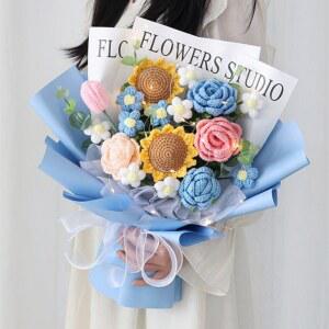 손뜨개 꽃다발 DIY 장 브로치 핸드메이드 뜨개꽃다발 가방 코바늘인형뜨기 자갈 꽃병