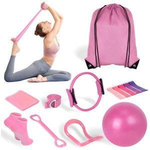 여성용 Kmjuix 필라테스 키트, 14인치 링, 미니 볼, 5개의 저항 밴드, 요가 양말, 스트레치 스트랩 및 코어 근력, 토닝, 유연성을 위한 캐리백이 포함된 13피스 홈 운동 스타터 세트