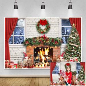 RENAISS 7X5피트 벽난로 크리스마스 배경 트리 선물 화환 장식 사진 12월 25일 홈스쿨 파티 소품 용품 새해